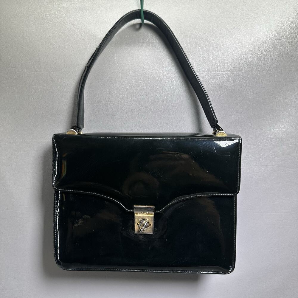 Vtg I Magnin Satchel Handbag Women M Black Patent Leather Turn Lock Purse Bag